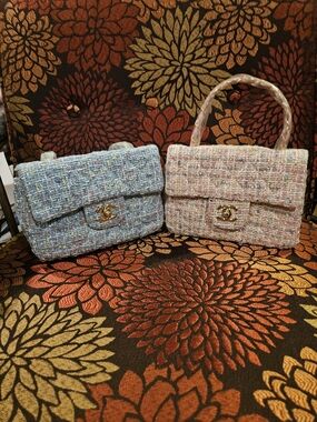 Tweed Mini Top-Handle Bag - Pastel Blue & Pink Crossbody/ Handbag
